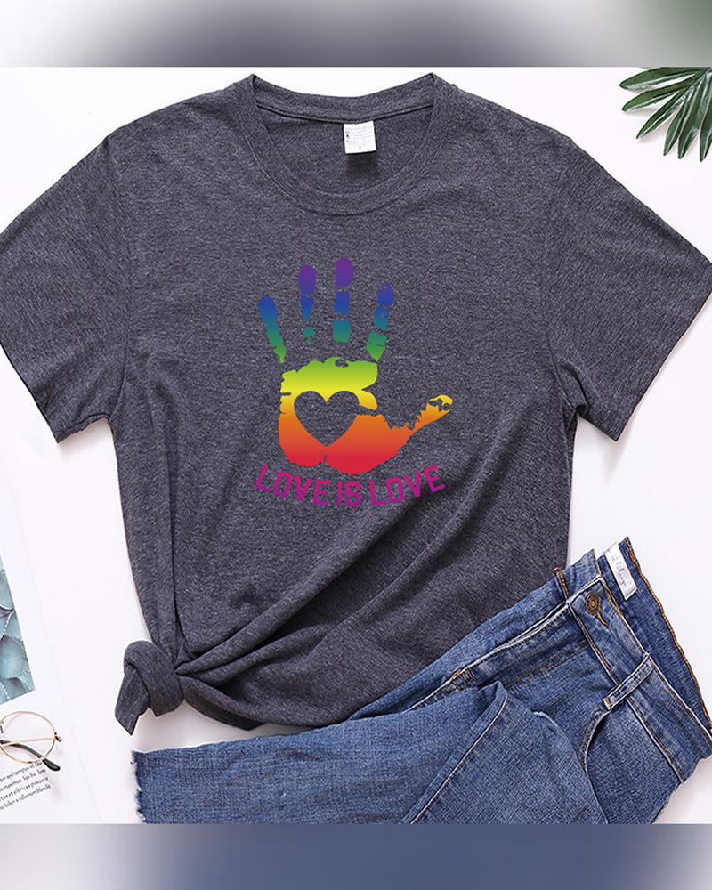 

Handprint&Letter Print Short Sleeve T-shirt, Dark grey