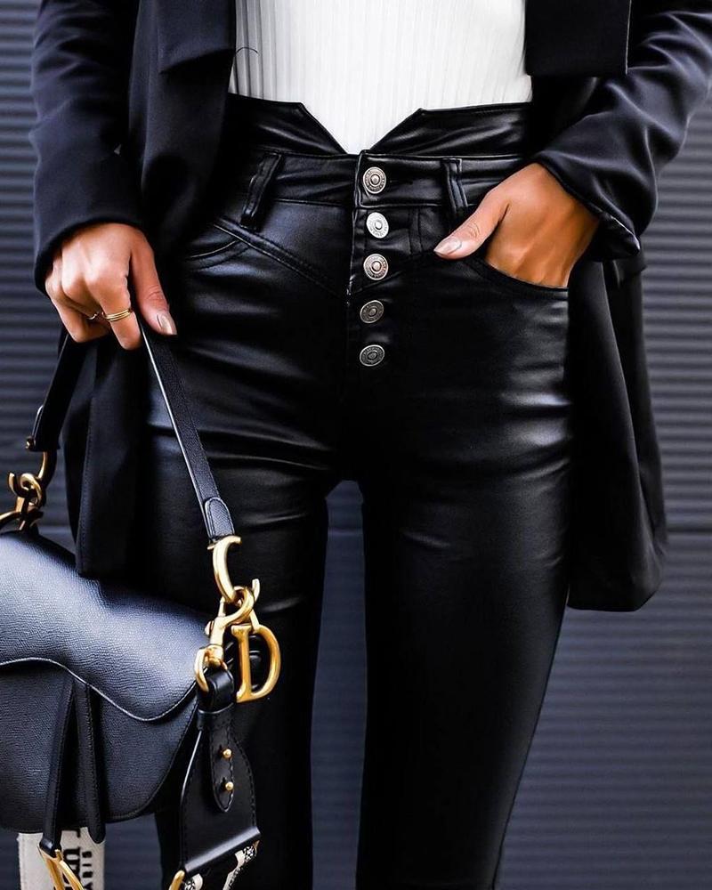 

Button Front Pocket Design PU Leather Pants, Black