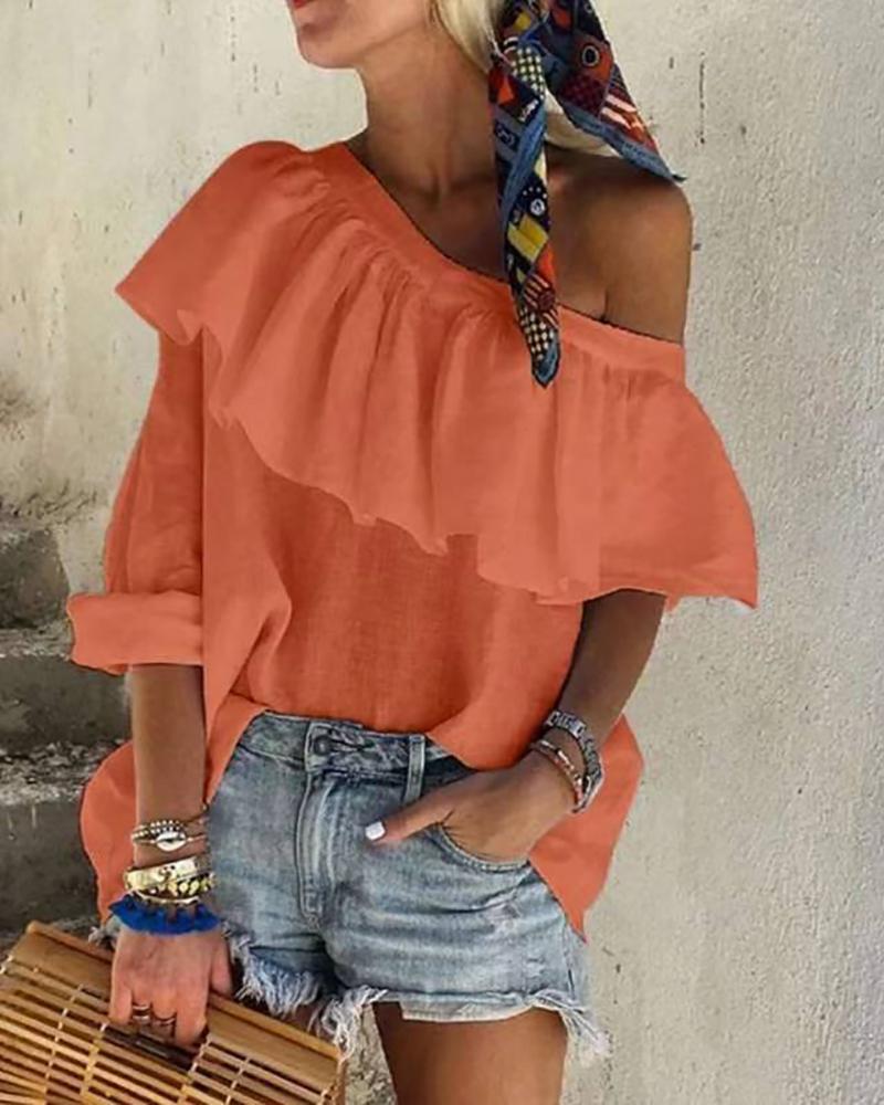 

Ruffle Hem Long Sleeve One Shoulder Top, Orange