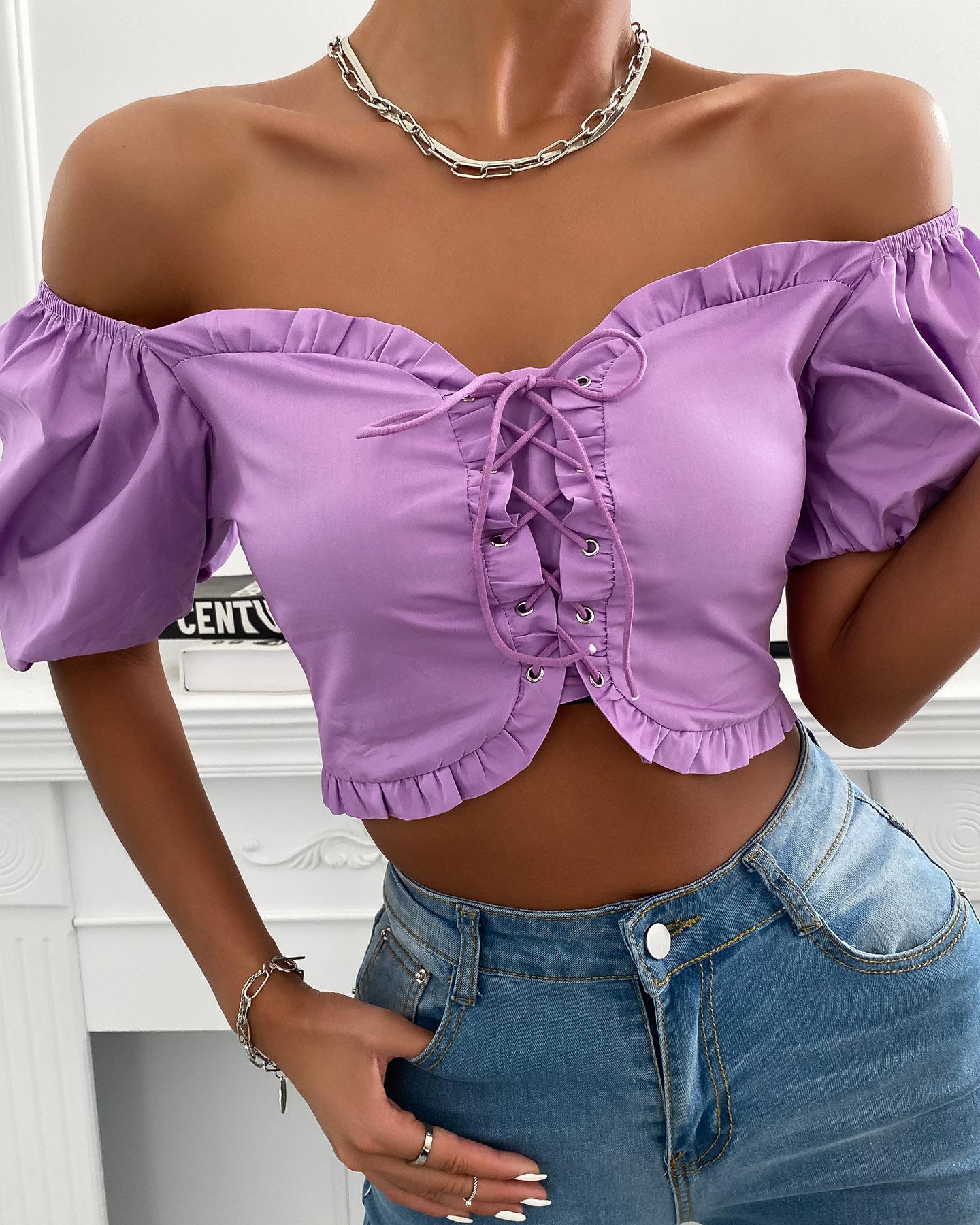 

Eyelet Lace-up Shirred Frill Hem Puff Sleeve Crop Top, Purple