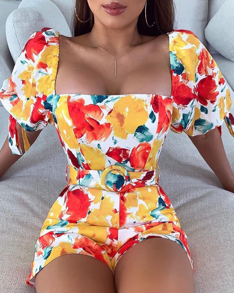 

Square Neck Printed Mini Romper, Yellow