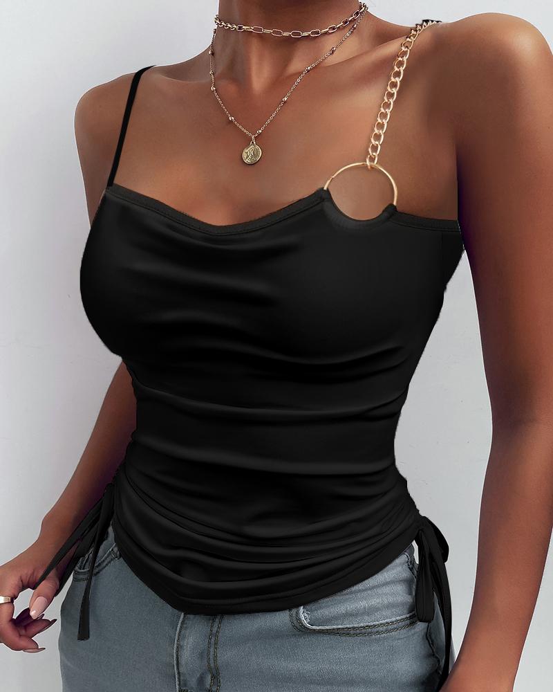 

O-Ring Chain Decor Drawstring Ruched Cami Top, Black