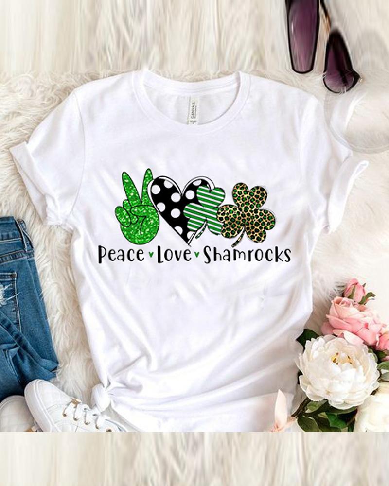 

St. Patrick' Day Letter Heart Clover Print Casual T-shirt, White