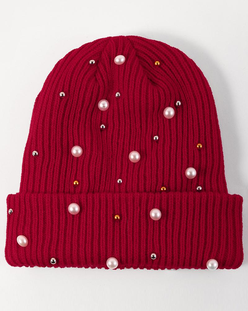 

Beaded Thermal Knit Bennie Hat, Red