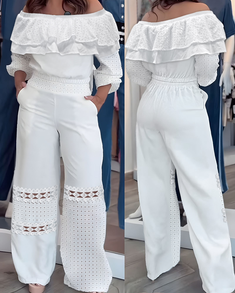 

Ensemble haut à volants et manches longues à épaules dénudées et pantalon ajouré décontracté avec poches, White