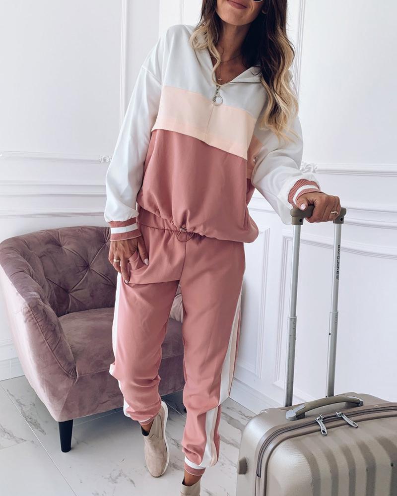 

Colorblock Zipped Hooded Top & Casual Pant Sets, Pink