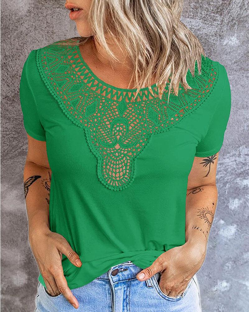 

Guipure Lace Patch Short Sleeve T-shirt, Green