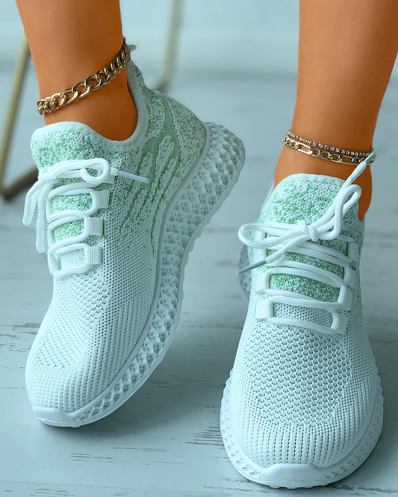 

Colorblock Lace-up Knit Breathable Sneakers, White