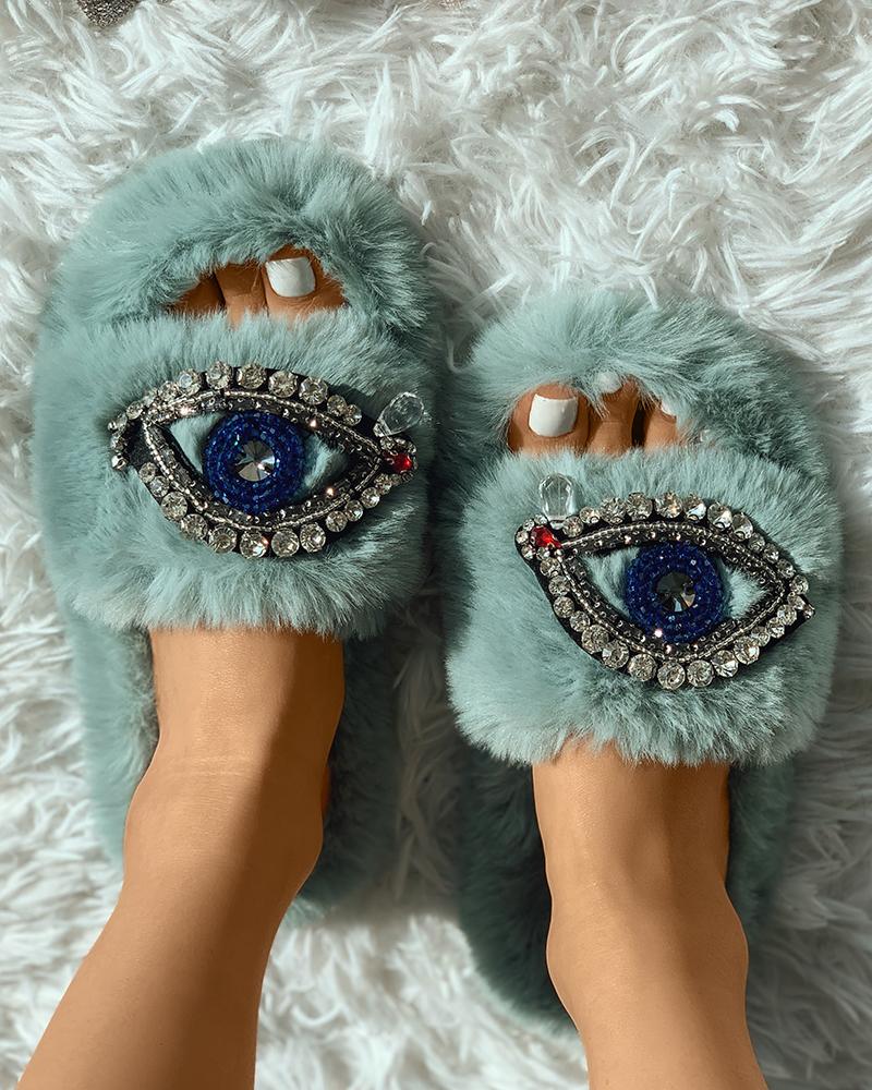 

Eyes Pattern Rhinestone Fluffy Slipper, Lighted blue