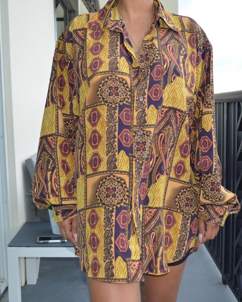 

Turn Down Collar Printed Long Sleeve Shirt Dress, Purple