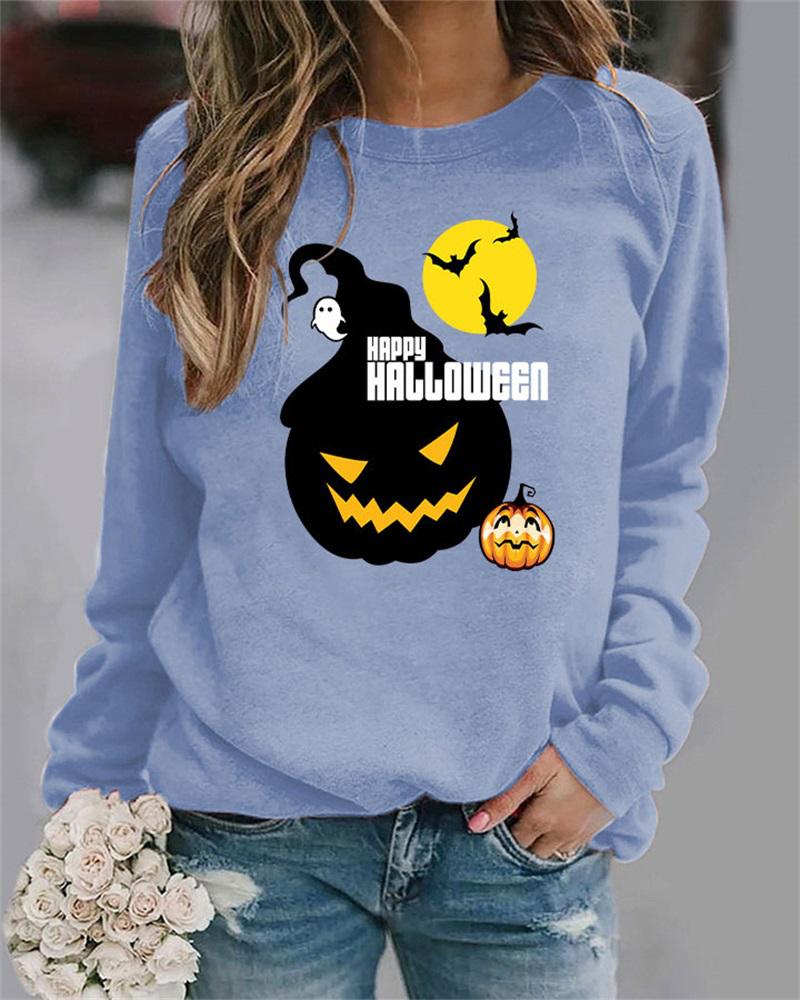 

Plus Size Halloween Graphic Print Long Sleeve Top, Blue