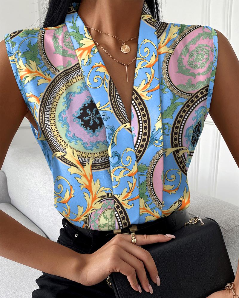 

Baroque Print V-Neck Casual Top, Blue