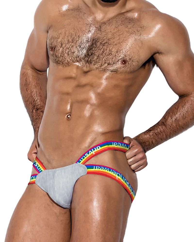 

Solid Color Splicing Rainbow Striped & Letter Print Skinny Underpants, Gray