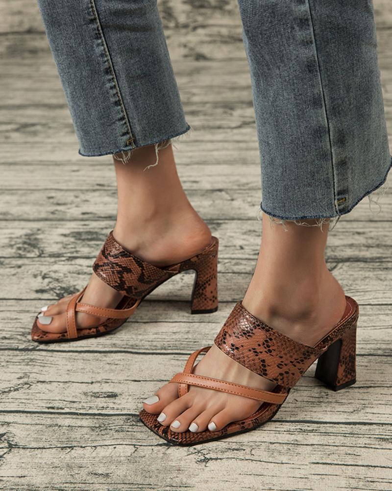 

Square-toe Snakeskin Print Cross Strap Toe Post High Heels, Brown