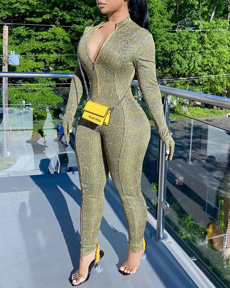 

Plain Long Sleeve Zipper Front Skinny Jumpsuit, Green