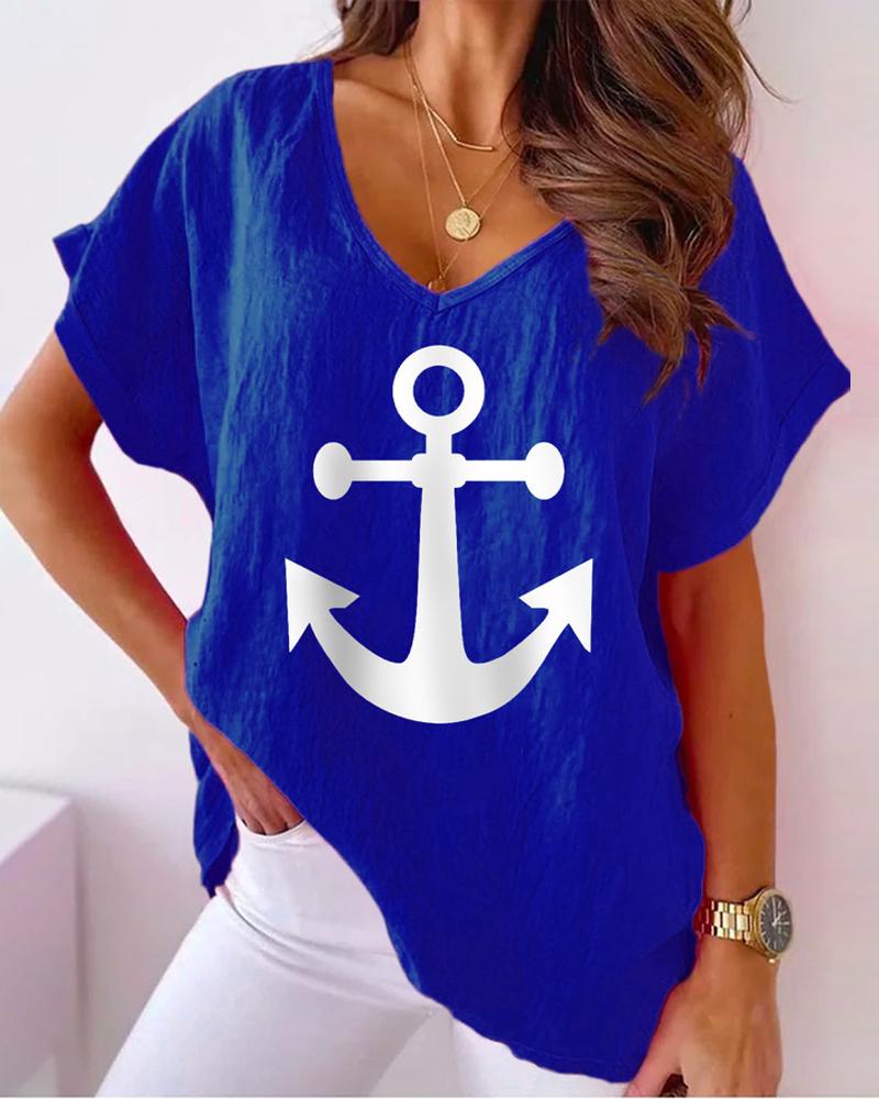 

Anchor Print Batwing Sleeve Casual Top, Blue