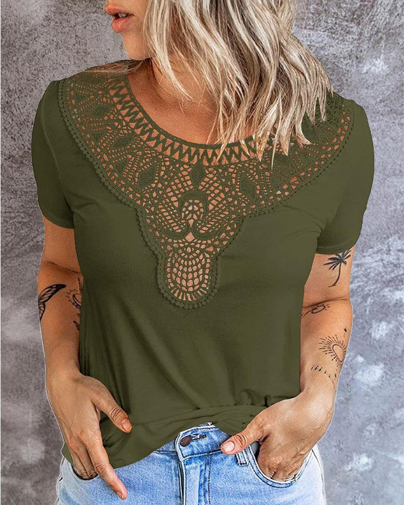 

Guipure Lace Patch Short Sleeve T-shirt, Army green