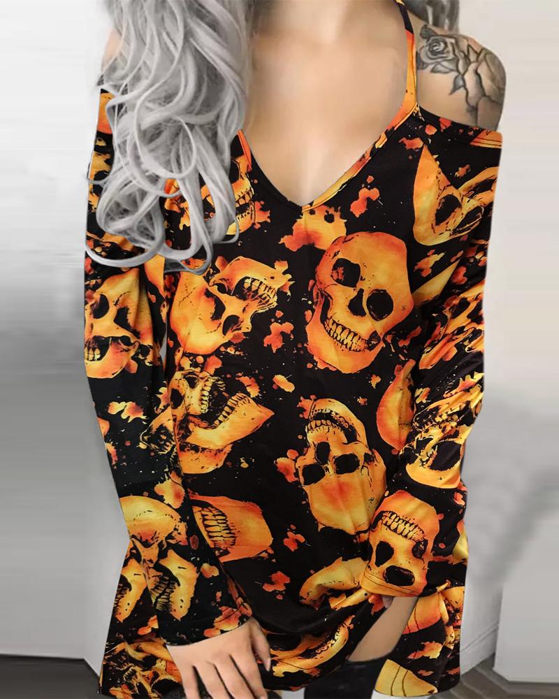 

Halloween Skull Print Cold Shoulder Casual Dress, Orange