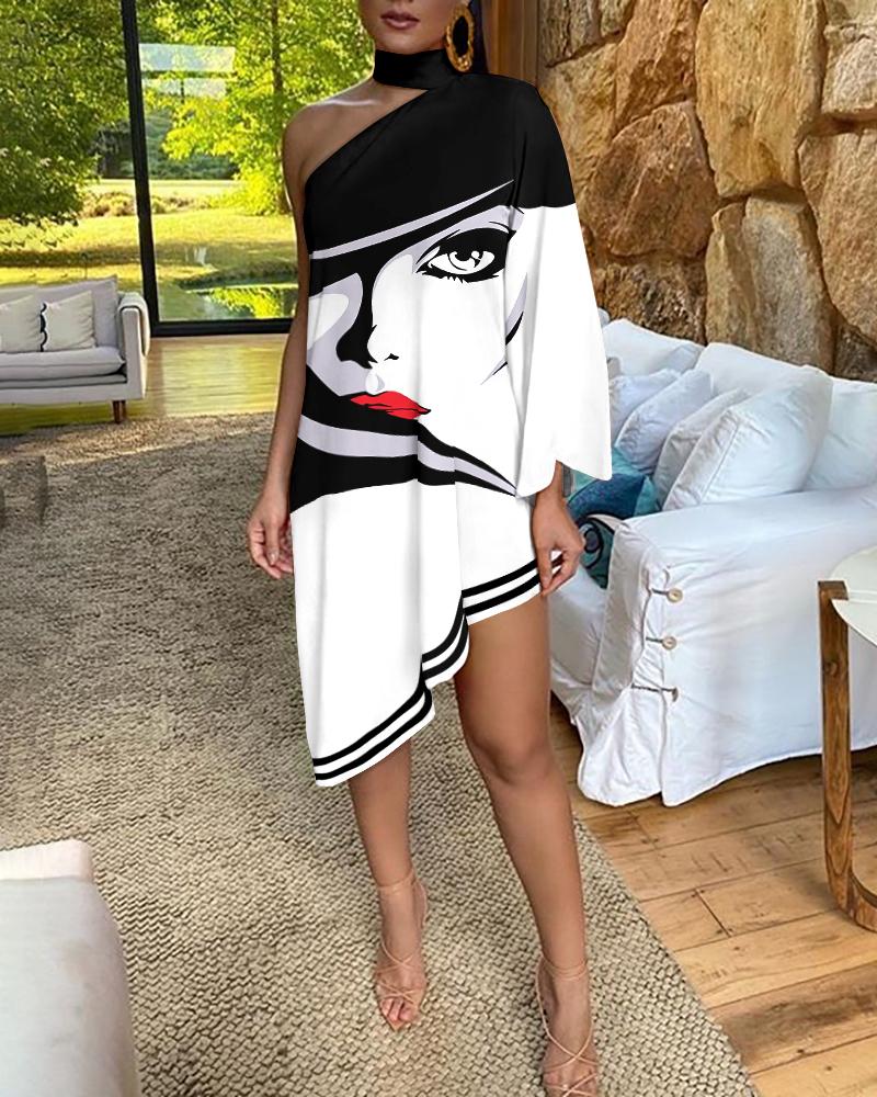 

Figure Print One Shoulder Asymmetrical Casual Dress, Blackwhite