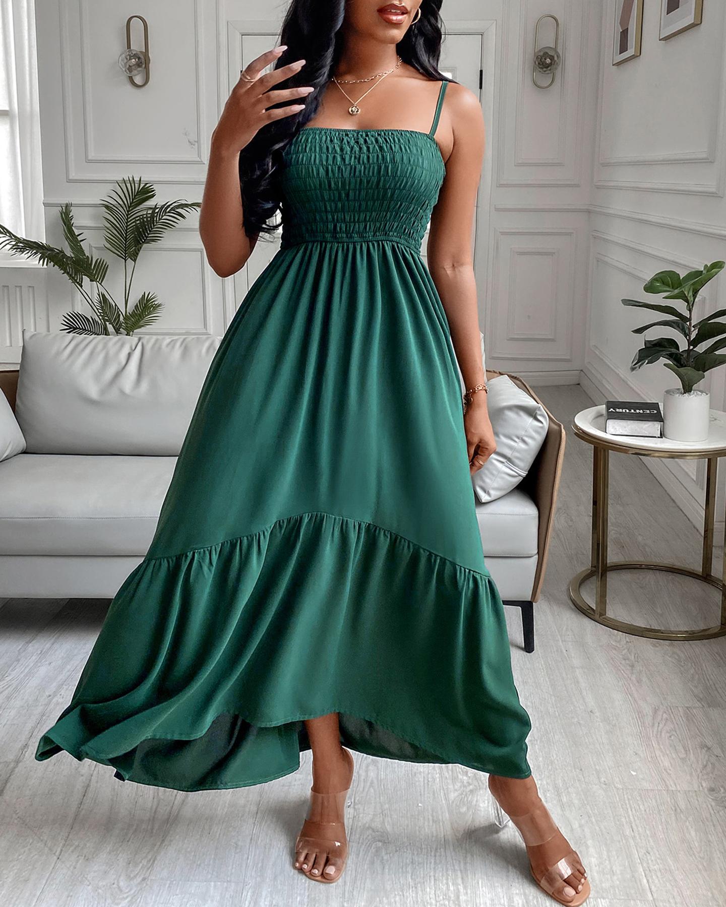 

Solid Color Shirred Cami Dress, Dark green