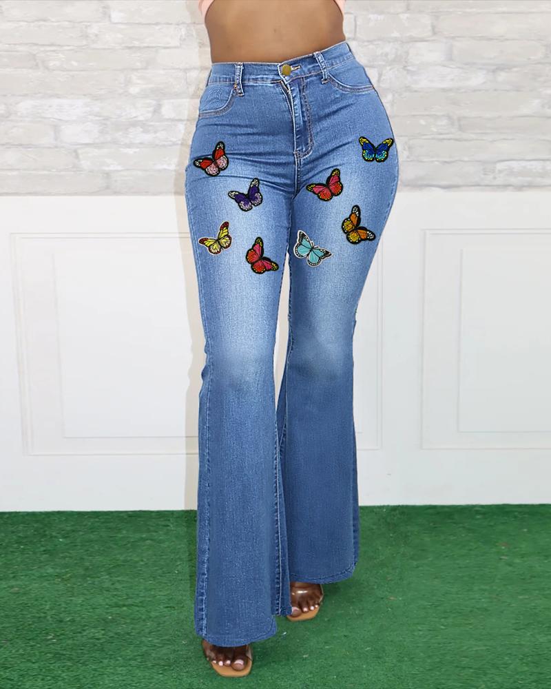 

Zipper Fly Butterfly Patch Flare Leg Jeans, Blue