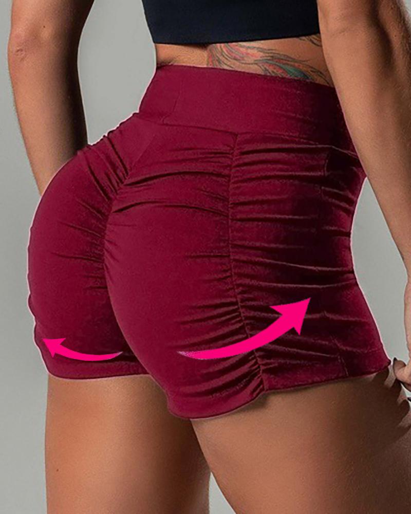 

Plain Ruched Sporty Yoga Shorts, Wine red