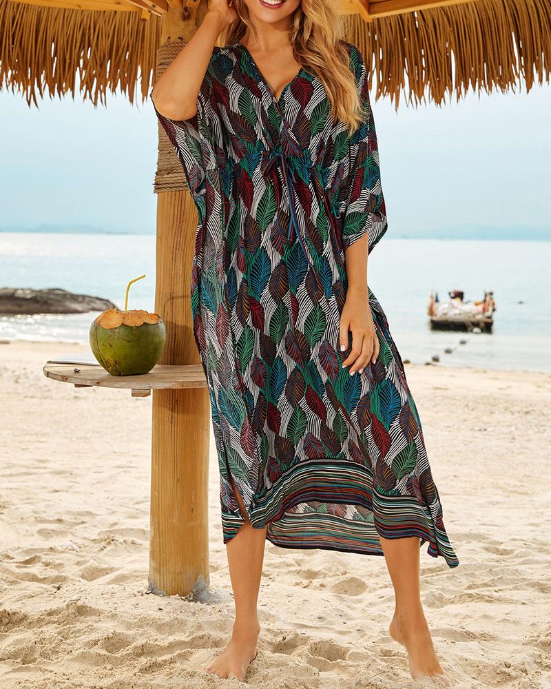 

All Over Print V Neck Short Sleeve Maxi Cover Up, Black