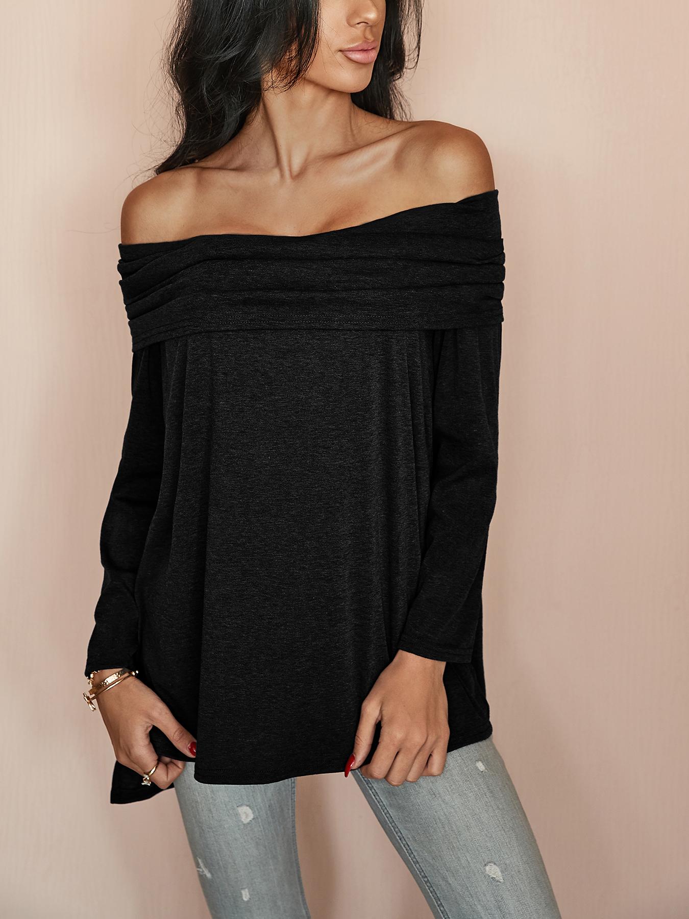 

Stylish Ruched Fold-over Casual Blouse, Black