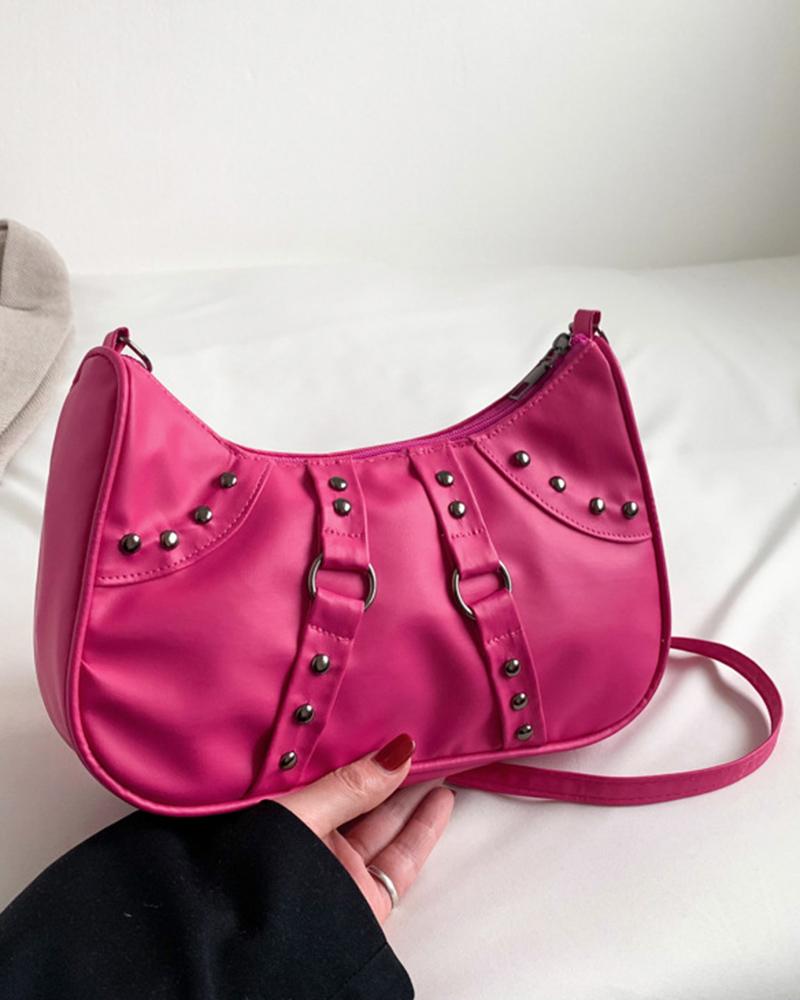 

Studded O-Ring Decor Baguette Bag, Hot pink