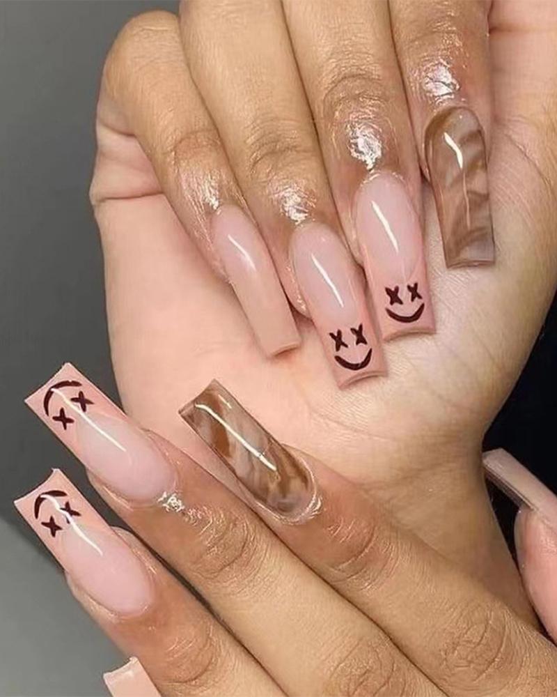 

24pcs Smiling Face Pink Removable Fake Coffin Nails Set, Coffee