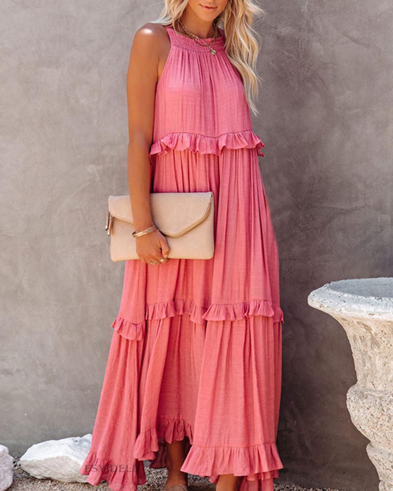 

Halter Sleeveless Ruffle Hem Maxi Swing Dress, Pink