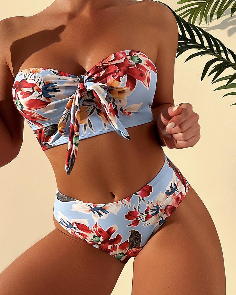 

Floral Print Bandeau Tied Detail Bikini Set, Blue