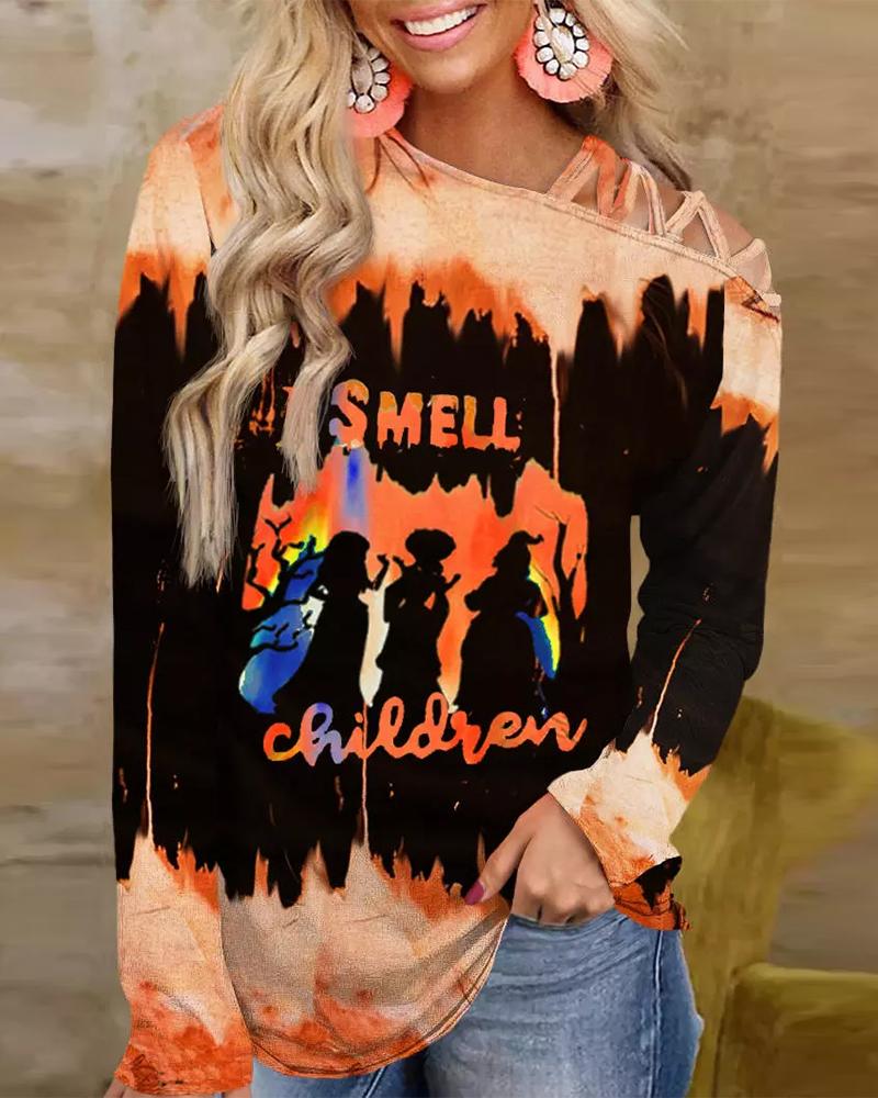 

Halloween Witch Silhouette I Smell Children Print Cold Shoulder Bleached Top, Black