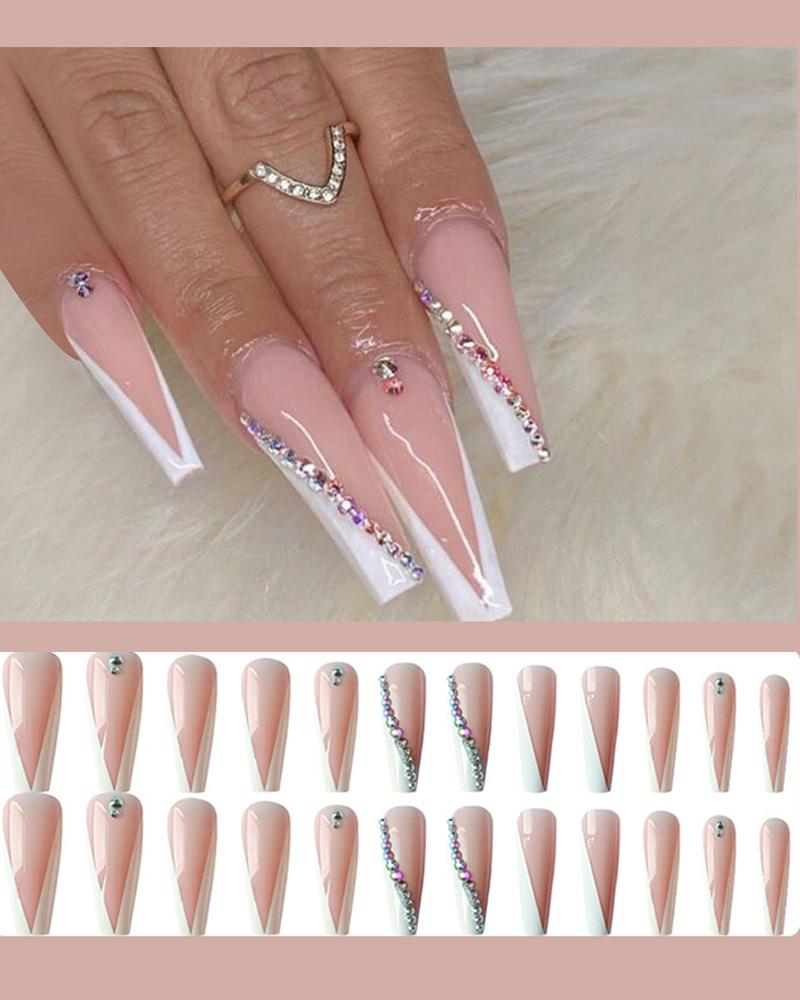 

24pcs Colorblock Glossy Rhinestone Decor Press On False Nails Set With Glue, Style1