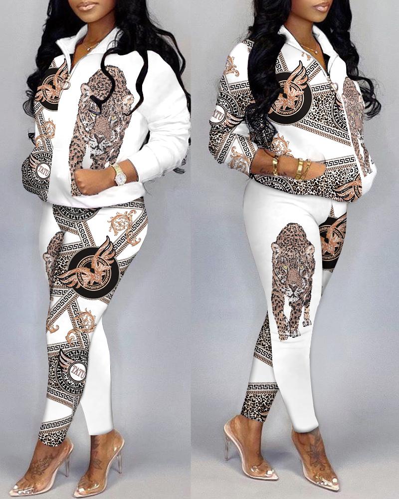 

Animal Print Zipper Front Top & Pants Set, White