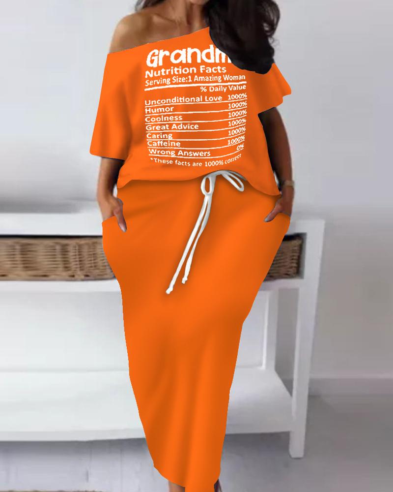 

Plus Size Letter Print Top & Drawstring Skirt Set, Orange