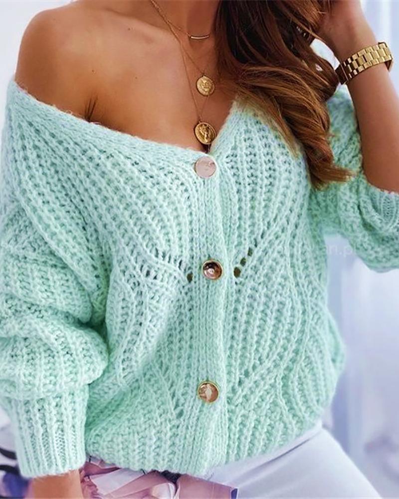 

Knit Hollow Out Long Sleeve Button Design Cardigan, Green
