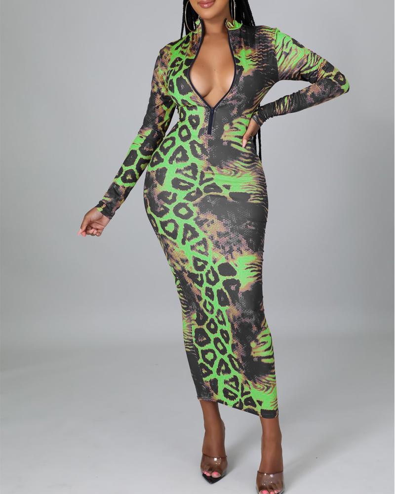 

Leopard Print Zipper Detail Long Sleeve Skinny Dress, Green