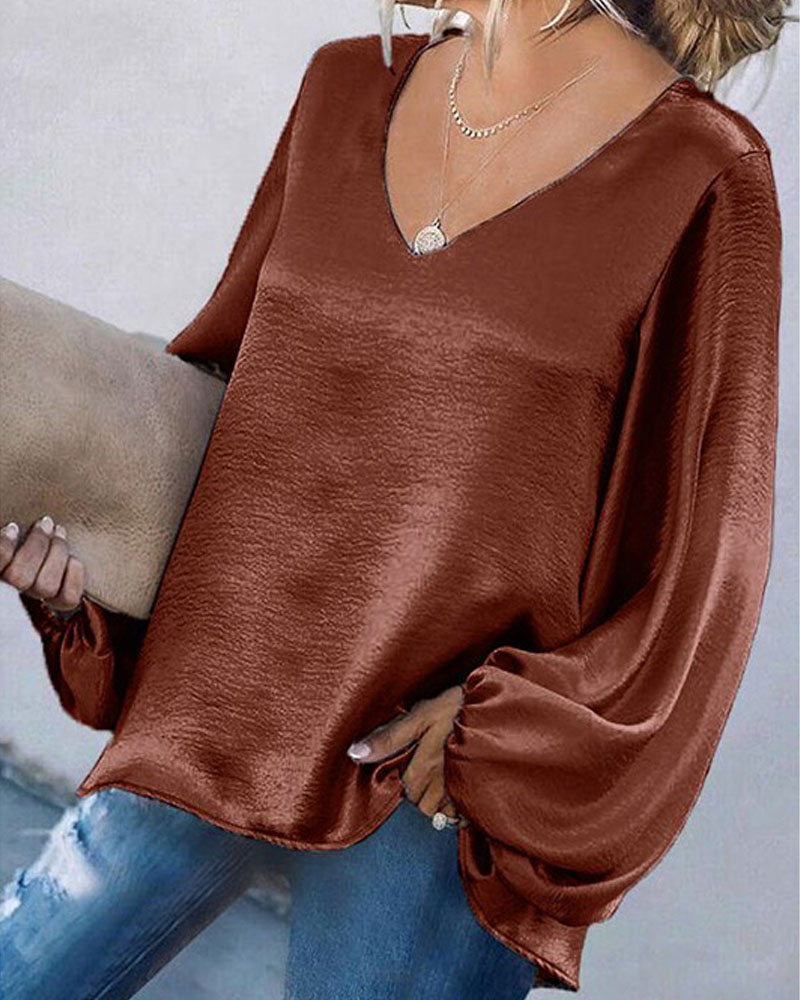

Lantern Sleeve V-Neck Casual Top, Coffee