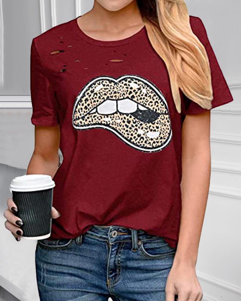 

Leopard Lip Print Short Sleeve T-shirt, Style8
