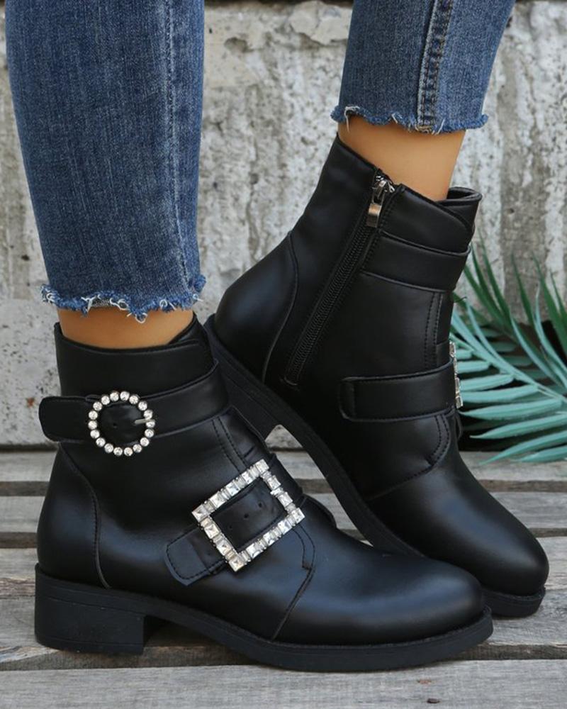 

Rhinestone Side Zipper Buckled Biker Boots, Black