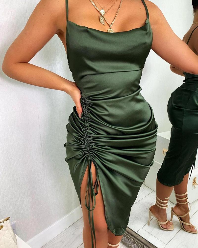 

Solid Color Spaghetti Strap Satin Drawstring Midi Dress, Dark green