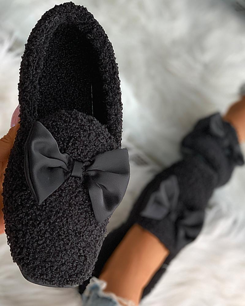 

Bowknot Square Toe Fluffy Shoes, Black