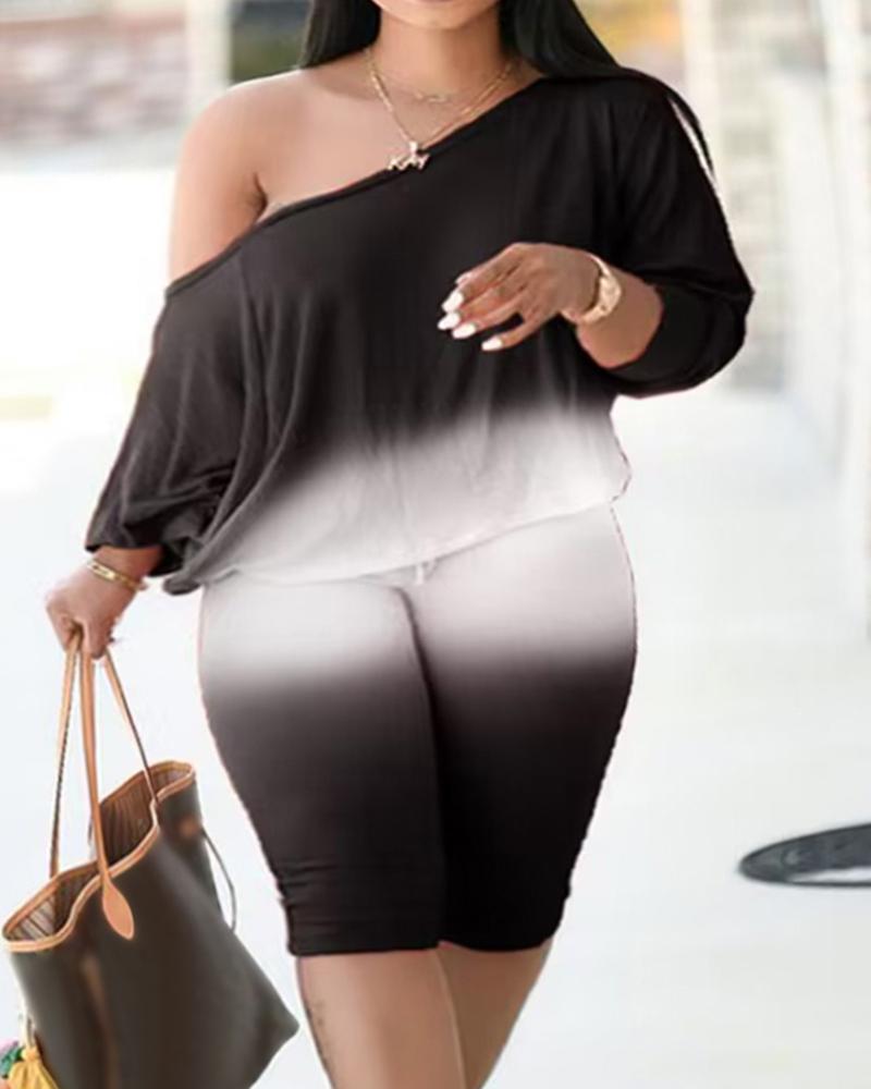 

Plus Size Ombre Print Top & Capris Pants Set, Black