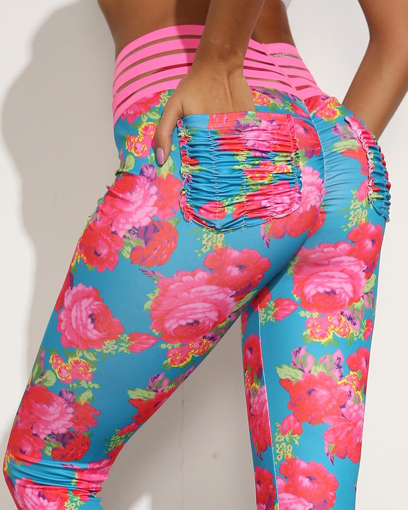 

Floral Print High Waist Booty Leggings Scrunch Butt Lifting Yoga Pants, Pink