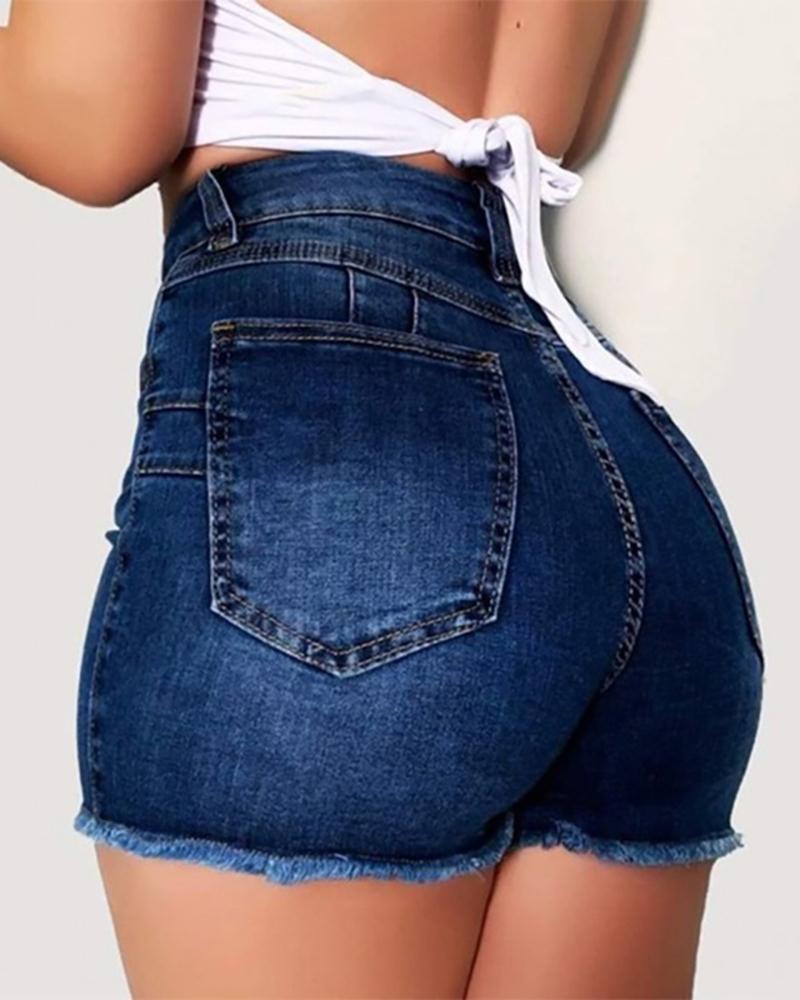 

High Waist Ripped Denim Shorts, Dark blue
