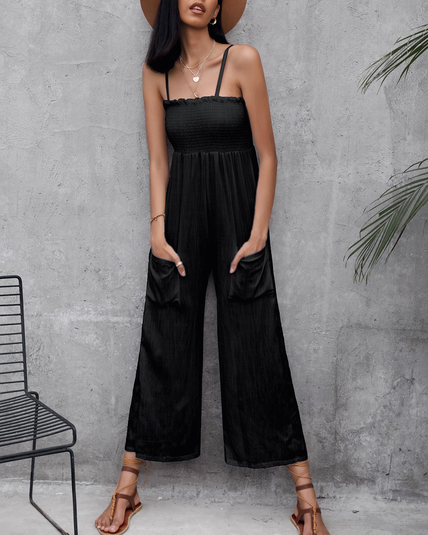 

Spaghetti Strap Plain Shirred Wide Leg Jumpsuit, Black