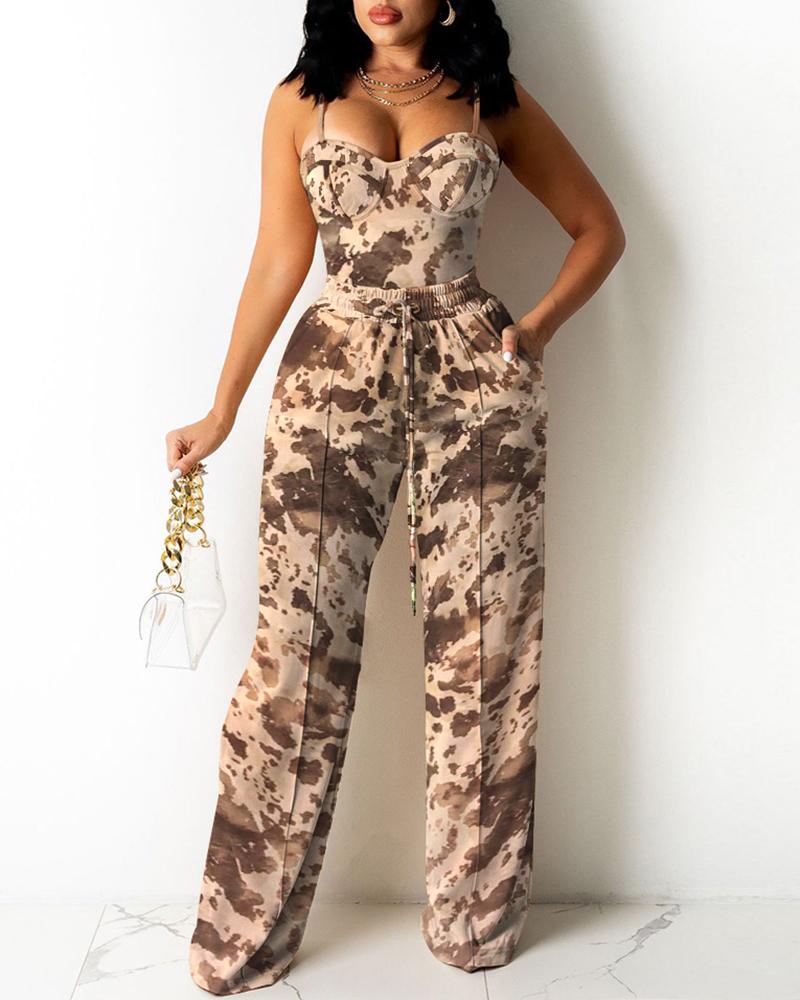 

Colorblock Corset Top & Drawstring Pants Set, Brown