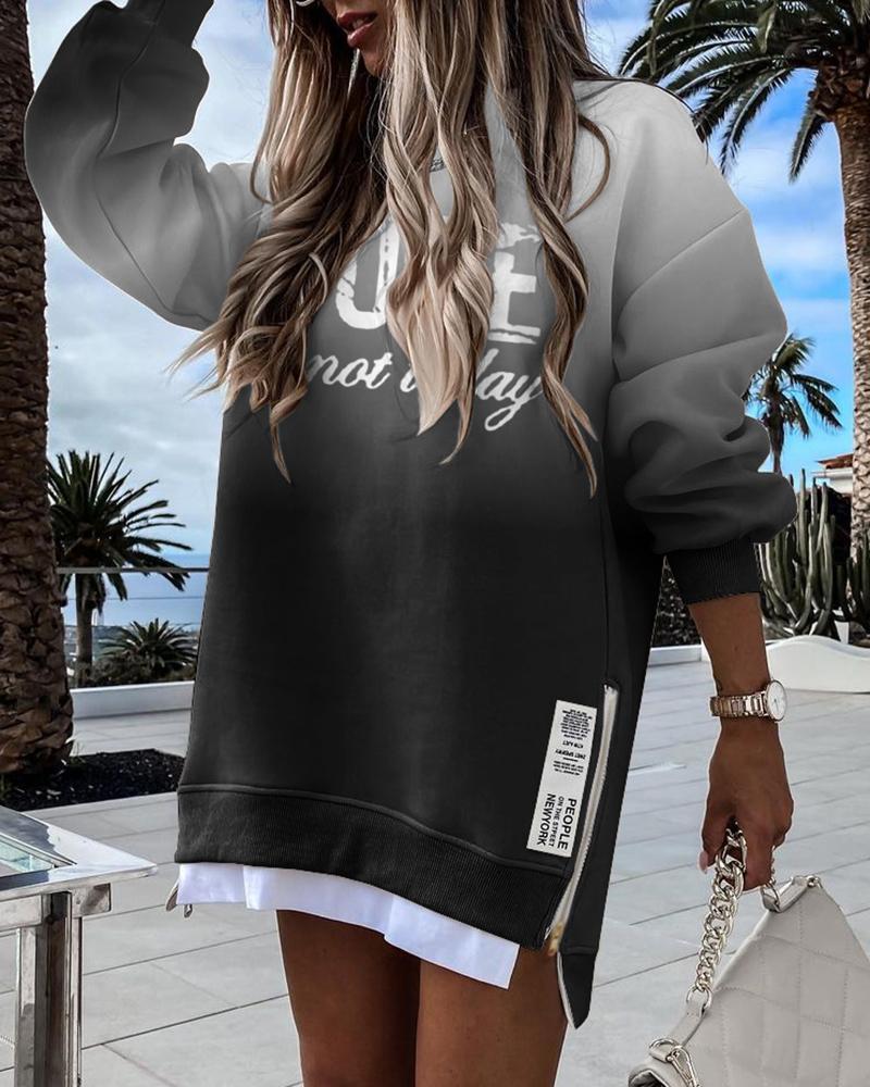 

Letter Print Ombre Zipper Design Sweatshirt Dress, Black