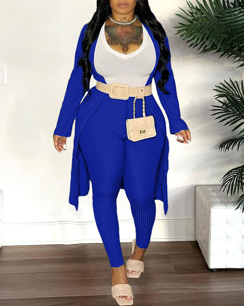 

Ribbed Plunge Top & Drawstring Pants With Open Front Cardigan, Blue